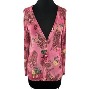 ESCADA Pink Floral Paisley Knit Button-Up Cardigan Sweater V-Neck Lightweight 36